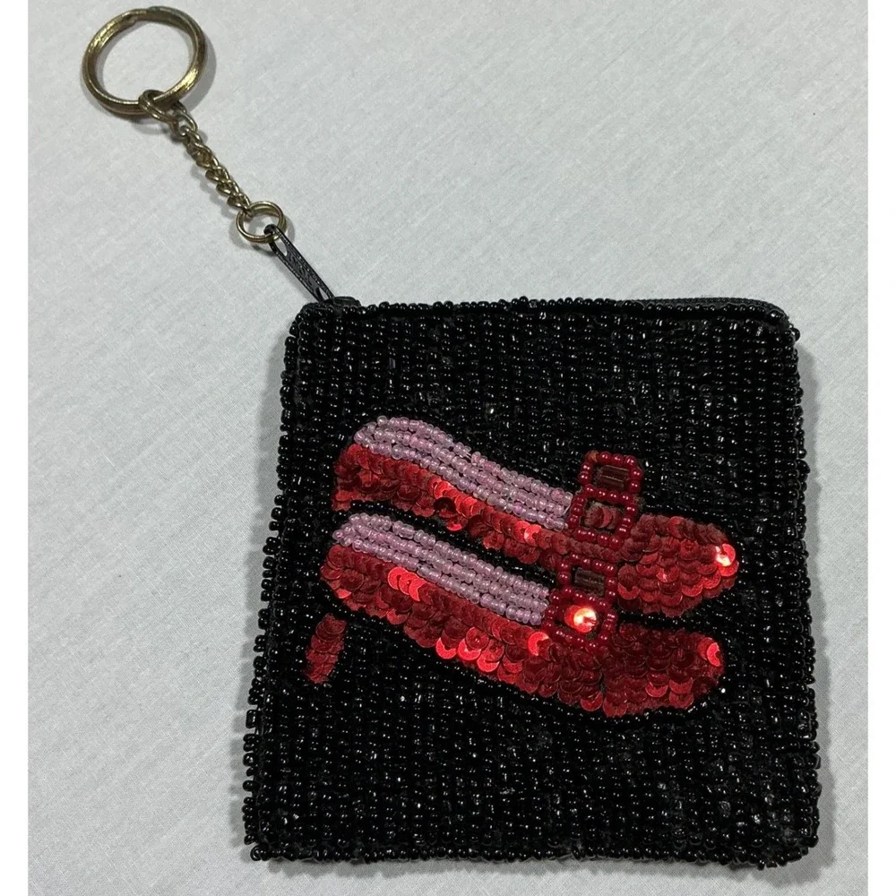 Hand Beaded Sequin Bacon‎ Coin Purse Keychain Black Zipper Pouch Novelty